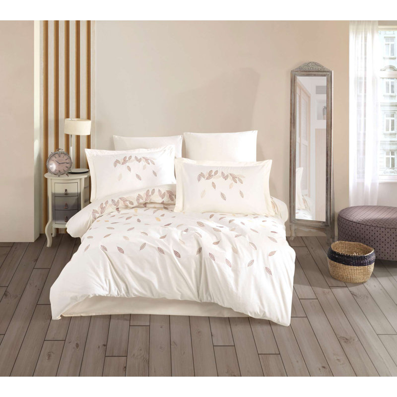 Luxury Embroidered Poplin Double Quilt Cover Set, Cream | 100% Cotton, Duvet Cover: 78.7 x 86.6 inches, Flat Sheet: 94.5 x 102.4 inches, Pillowcases: 19.7 x 27.6 inches (2 Pieces) | Machine Washable, Elegant Design with Button Closure