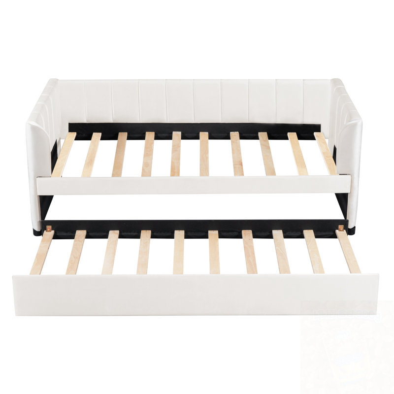 Twin Size Upholstered Daybed with Ergonomic Design Backrest and Trundle