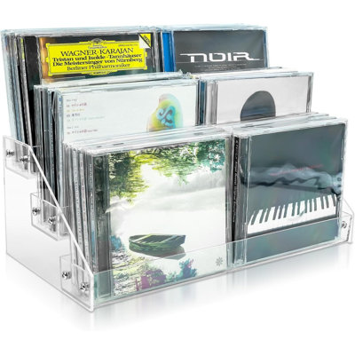 Présentoir à CD à 3 niveaux en acrylique transparent, support de rangement en cascade pour CD, présentoir à DVD/CD et support de rangement pour disques vinyles. Peut contenir jusqu'à 24 boîtiers CD standard (transparents).