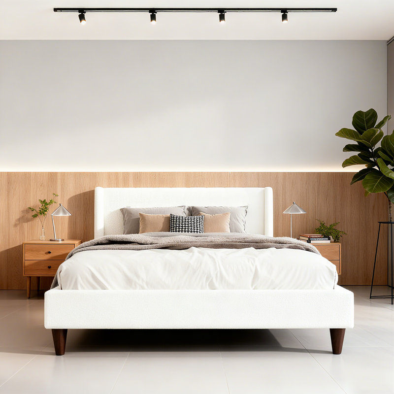 Lit plateforme tapissier Boucle avec tête de lit à oreilles et pieds en bois de noyer, aucun sommier nécessaire, Ivoire