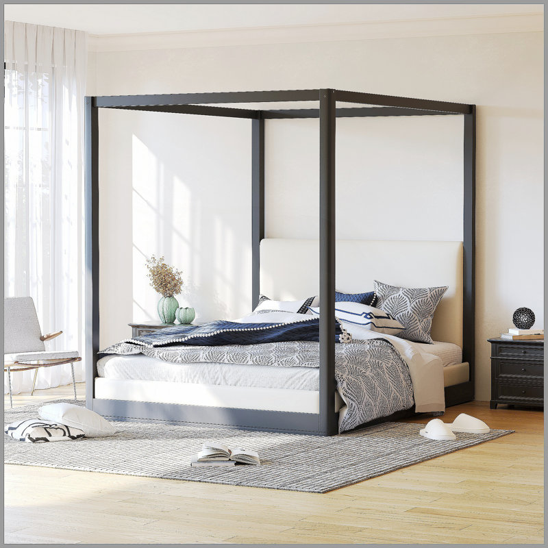 Lit plateforme à baldaquin en bois grand avec tête de lit tapissier, structure noire et tissu blanc