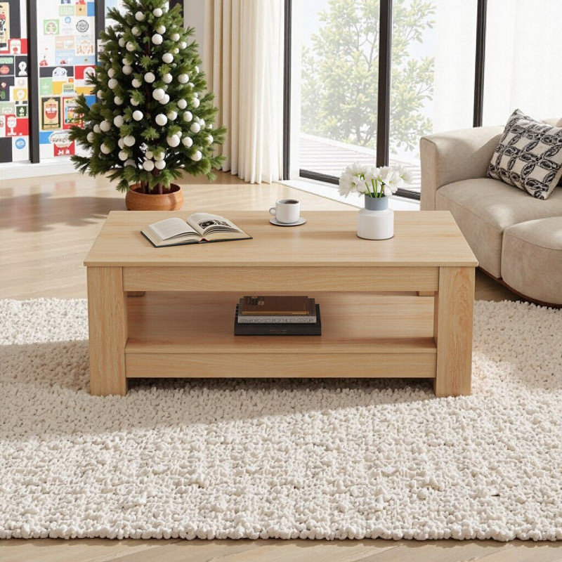 Double Layer MDF Coffee Table, Rectangular Design, Natural Wood