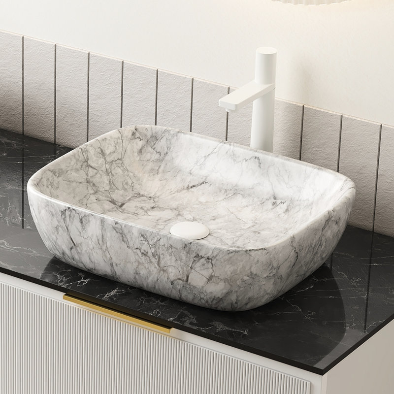 Lavabo de salle de bain 19 po en céramique avec motif en marbre blanc, sans armoire, gris pierre, fabrication, teinture - propriété, simple à gérer, profondeur 19,22 po, largeur 15,45 po, hauteur 5,37 po, grande durabilité,