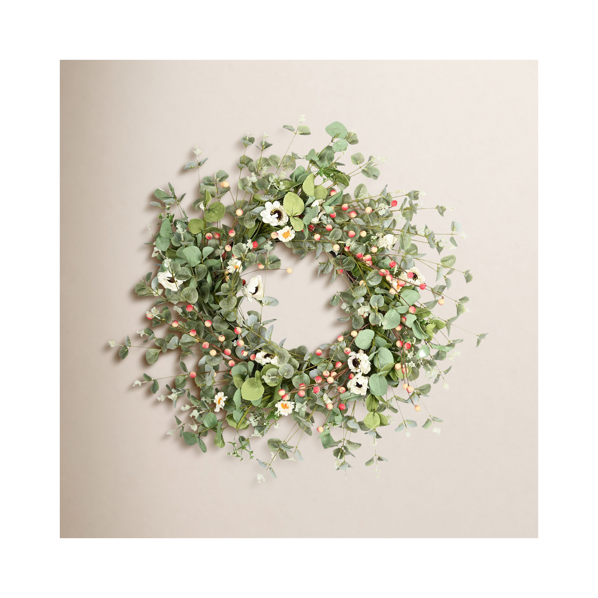 26" Artificial Everyday Eucalyptus Berry Daisy Front Door Wreath, White