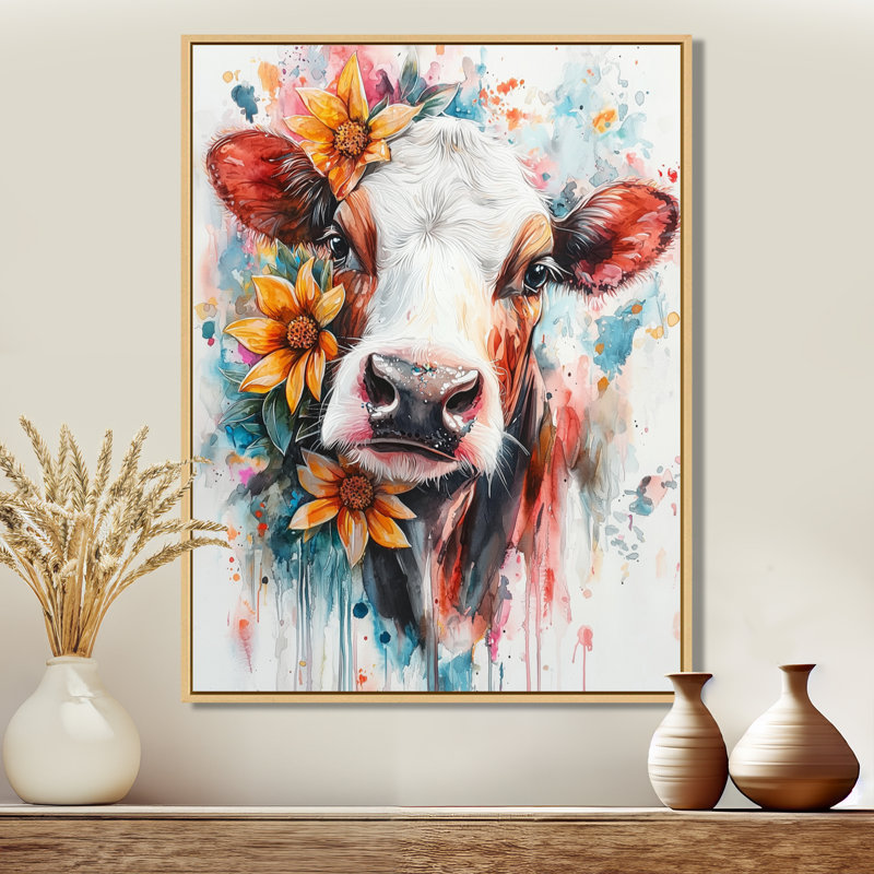 Keily Cow, peinture avec ferme, fleurs II, H 40 po x l 30 po, Impression encadrée flottante, Crème, crème