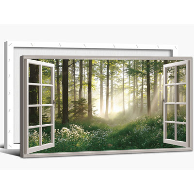  Forêt de printemps, décoration murale sur toile, fenêtre ouverte, impression d'art sur la nature, lumière du matin, scène, scène, images florales, décoration murale pour le salon, 12 x 24 pouces