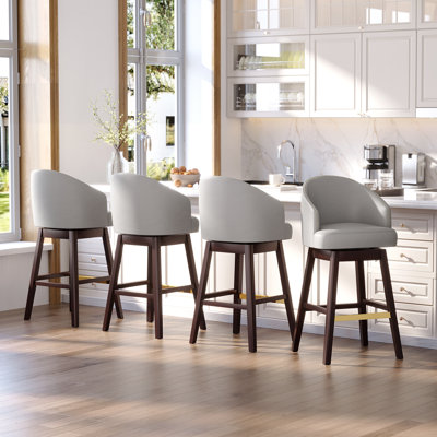 Swivel  30'' Faux Leather Bar Stool with Solid Wood Legs, Gray