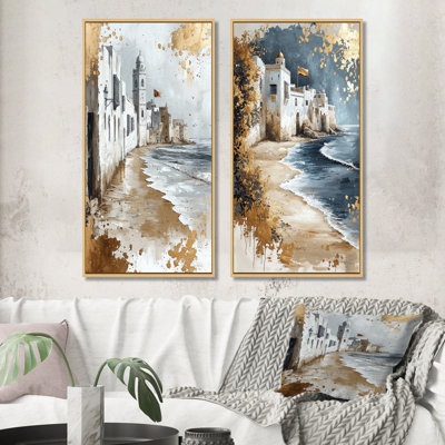 Morocco Essaouira Beach In Gold And White Tones I - Morocco Wall Art 2 Pieces Set