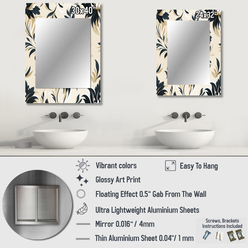 Arban Beige Sleek Damask Harmony - miroir décoratif damassé, miroir mural bohème, impression d'art en métal, 32 po x 24 po