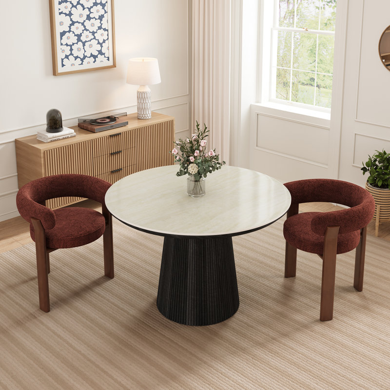Adwin 2 - Person Dining Table Sets With 47.24" Round Table & 2 Teddy Upholstered Arm Chairs, 3 Pieces: Table, 2 Chairs, Red