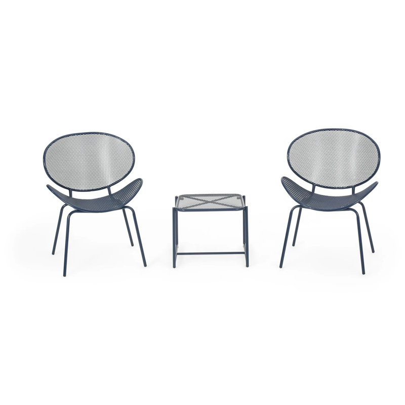  Outdoor Chat Set 3 Piece Metal Conversation Seating Mesh Design Iron Chairs, Navy Blue, Navy