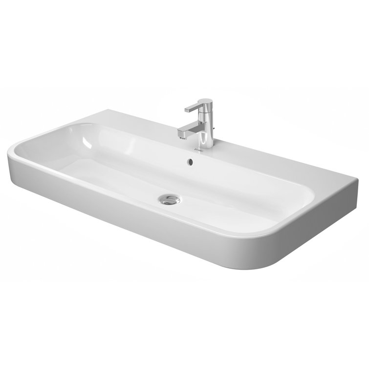 White Ceramic Rectangular Wall Mount Bathroom Sink with Overflow