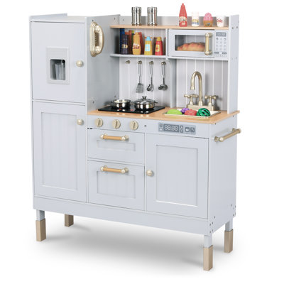 Height Adjustable Kids Play Kitchen, 3-Level Wooden Pretend Playset with Realistic Sounds, Telephone, Stove, Fridge, Microwave, Removable Sink, Water Dispenser, Grows with Your Child Ages 3+(white)