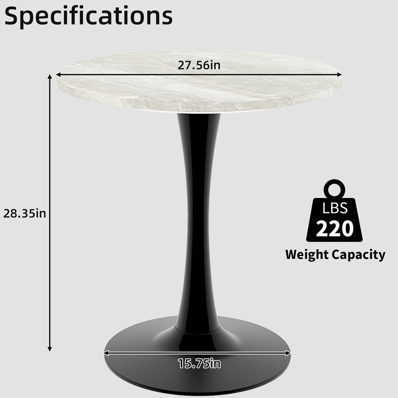 27.6-Inch Coffee Table, Mid-Century Modern Style Dining Table, Accommodates 2-4 People, Featuring A Round Veined Marble Tabletop, Suitable For Various Settings.