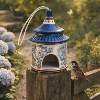 Chinoiserie Ceramic Pagoda Hanging House Bird Feeder For Garden Decor Accent - Modern Outdoor Bird House Patio Accent Yard Decoration For Tree Display