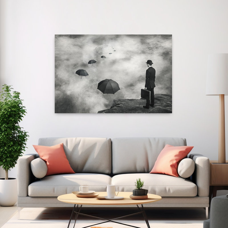 Homme et parapluies flottants, H 40 po x l 60 po
