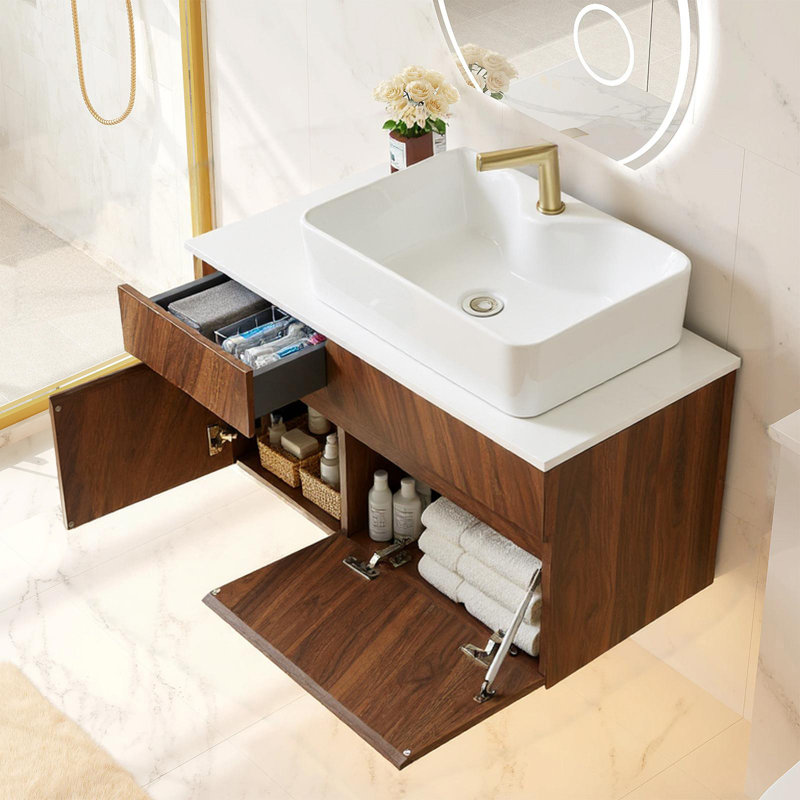 31.5" Modern Floating Bathroom Vanity with Faux Marble Top Ceramic Vessel Sink and Walnut Finish, Brown