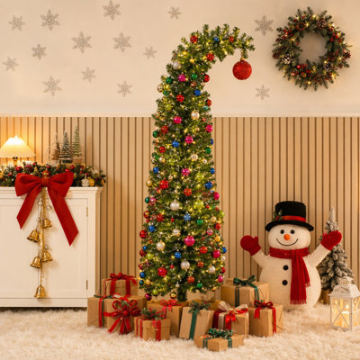 6ft Curly Bendable Top Slim Artificial Christmas Tree, Narrow Whimsical Pine Tree with Metal Stand for Small Space Fireplace Holiday Decor