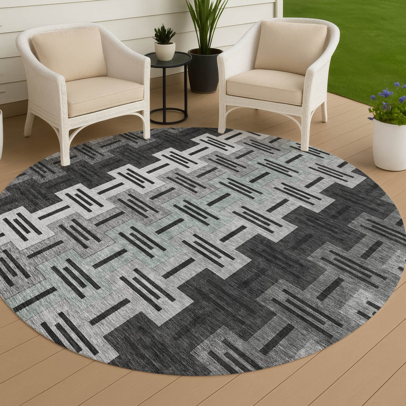 Machine Washable Indoor/Outdoor Chantille ACN2556 Mid-Century Modern Rug, Round 8', Black