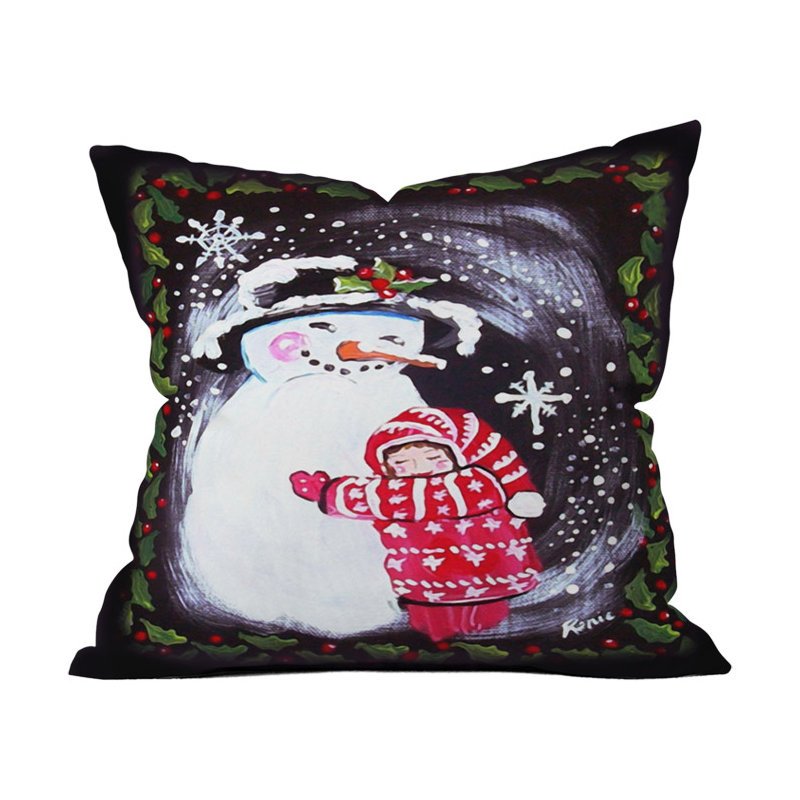 Snowman Hugs Girl Outdoor Throw Pillow, 16" x 16"