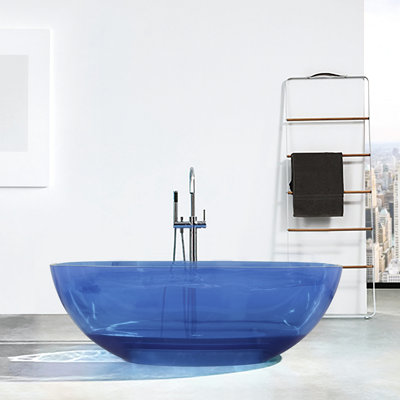 Baignoire de trempage autoportante, 64 pouces, bleu transparent, ovale, finition en résine de haute qualité, bleu transparent, trempage, style contemporain