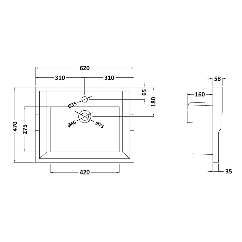 Nuie 620mm L x 460mm W White Ceramic Rectangular Sink with Overflow