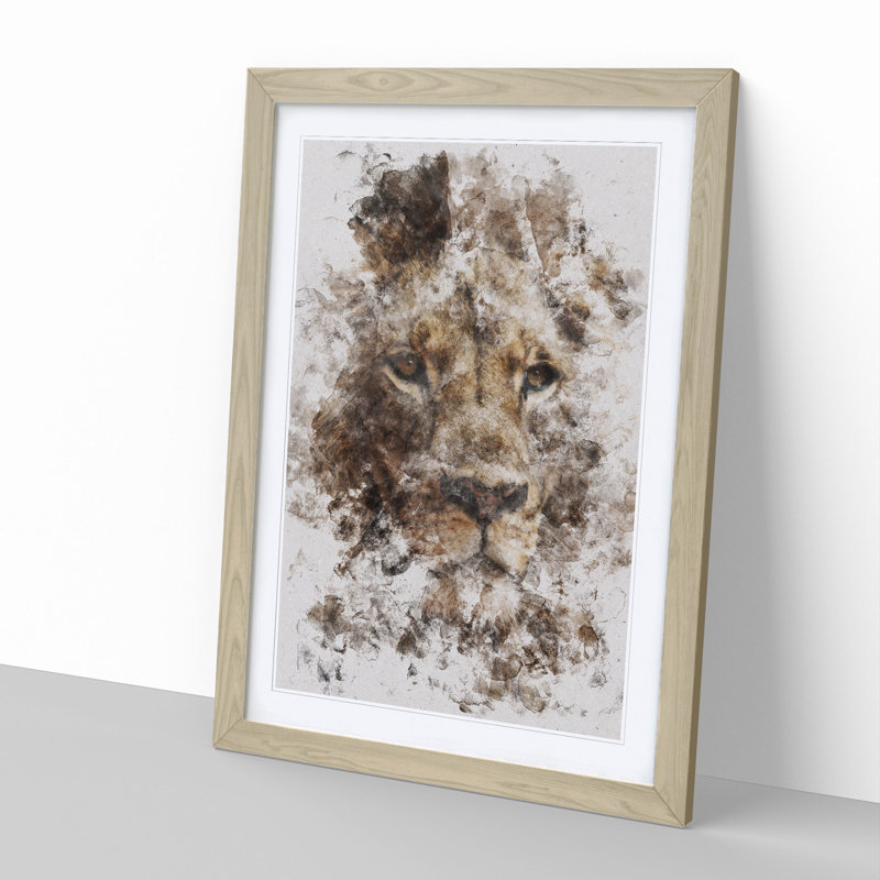 Face of a Lion Watercolour - Picture Frame Graphic Art, 65cm H x 48cm W x 2cm D, Oak