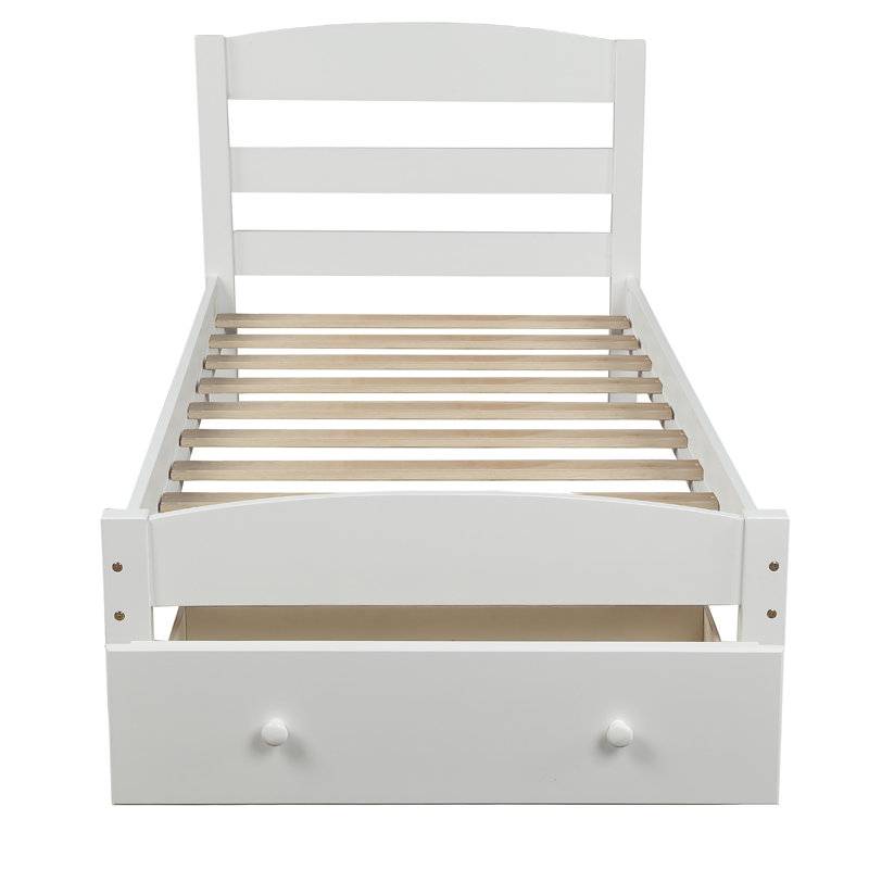 Structure de lit plateforme avec tiroir de rangement et support à lattes en bois, Blanc