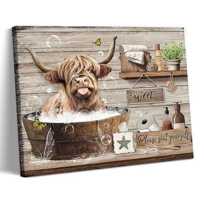 Bathroom Highland Cow Canvas Wall Art Rustic Farmhouse Cow Wall Decor Pictures Funny Animals Painting Artwork Bathing Print In The Tub For Bathroom Toilet Home Decoration 12X16in Frame