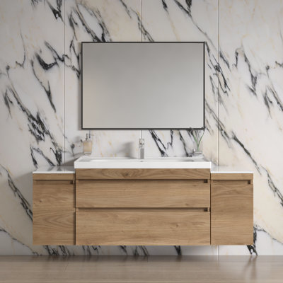 Meuble-lavabo mural moderne avec lavabo | Meuble-lavabo avec rangement latéral en teck Niagara | Panneau de fibres à densité moyenne non toxique et résistant au feu 64 po | 12 + 40 + 12 | Diamond Collection 40 po
