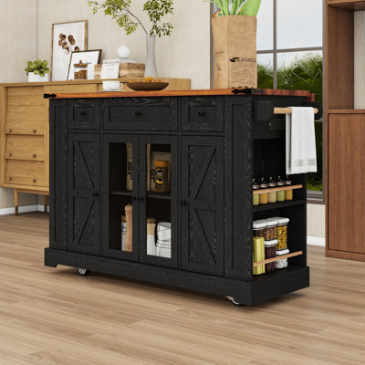 Farmhouse Kitchen Island Cart with Drop Leaf, Power Outlets, Ample Storage and Tempered Glass Doors by Lark Manor