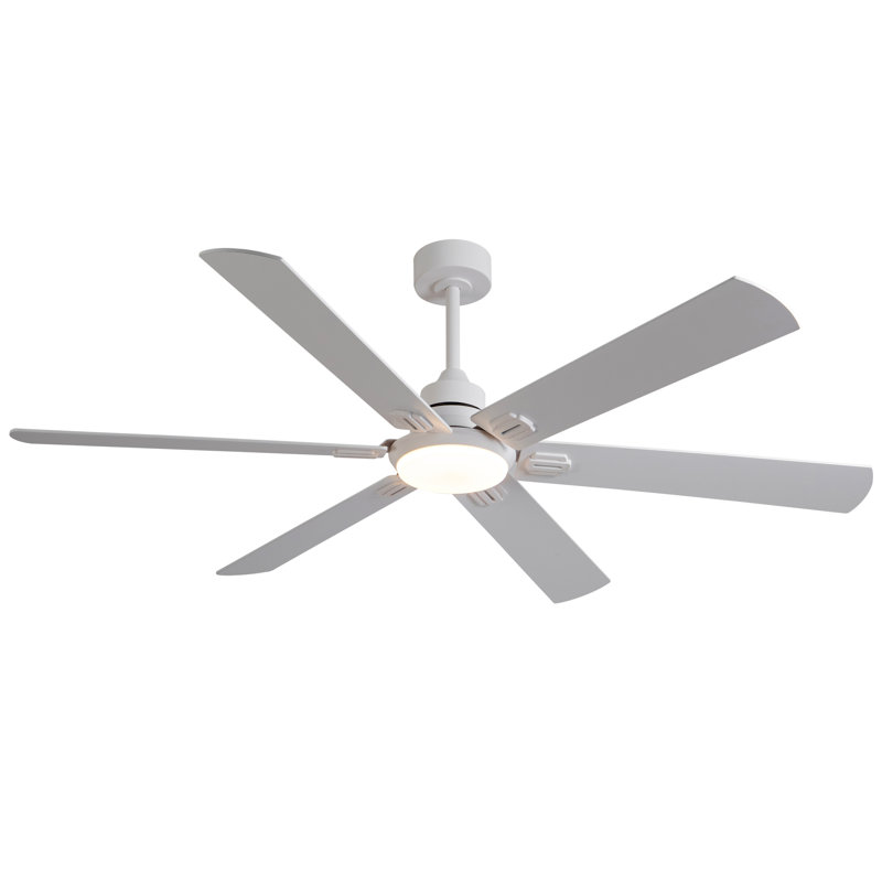 60" 6 Blade Ceiling Fan With Remote Control And Led Light, Natural Wood/White, White