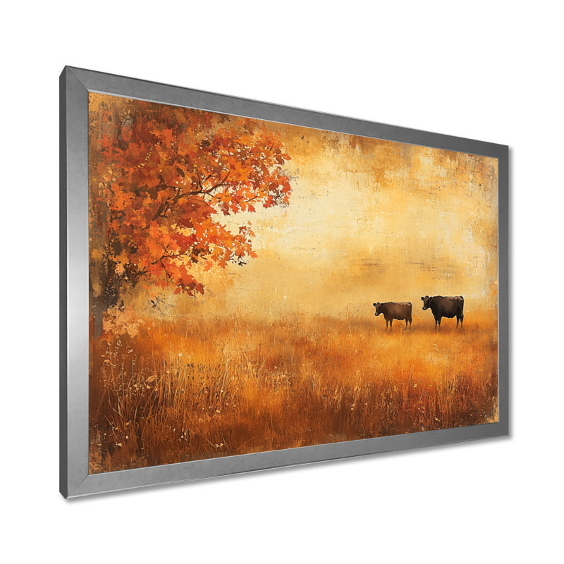 Vaches dans les champs d'automne II - campagne, art mural, H 12 po x l 20 po, Cadre flottant, Argent argent