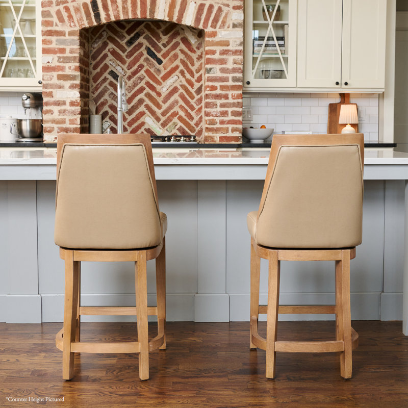 Maven Lane Vienna Swivel Stool with Faux Leather Upholstery, Weathered Oak, Bar Stool (31" Seat Height)