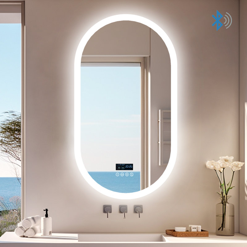 Oval Bathroom Mirror With Led Lights And Built-in Bluetooth Speaker, Time Temperature Display Unit - Smart Lighted Vanity Makeup Wall Mounted Mirrors - 3 Lights Setting Anti-fog Dimmable Ip56
