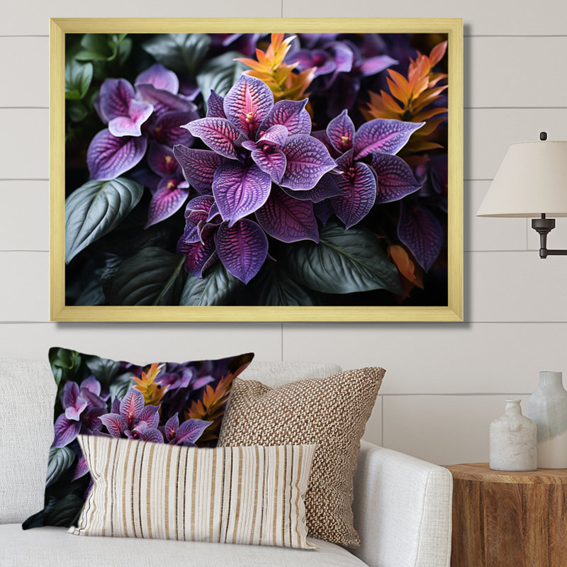 Plantes tropicales mauves sur toile, Cadre doré à une seule photo, H 16 po x l 32 po x P 1 po