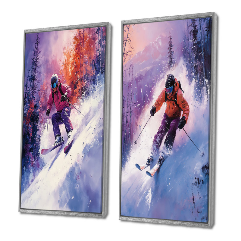 Ensemble de 2 pièces d'art mauve «Slopestyle», H 32 po x l 32 po, Encadrement argenté
