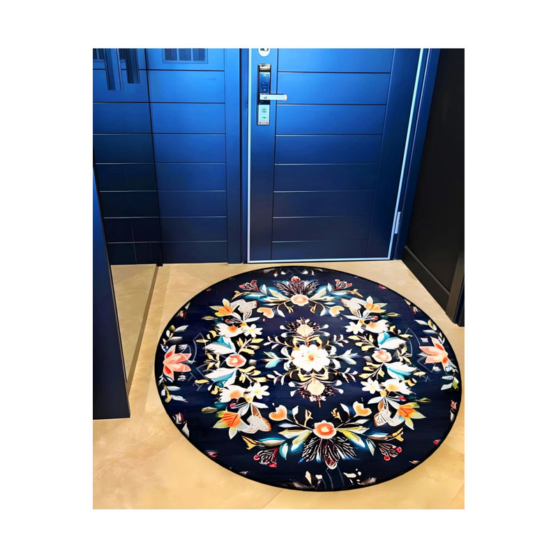Black Multicolored Floral Detailed Woven Base Modern Decorative Carpet, Round 2'8"