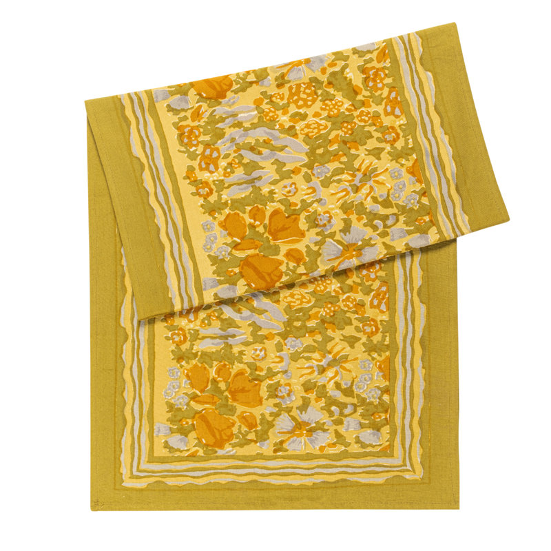Handcrafted Water Resistant Floral Table Runner, 72" L x 16" W, Mustard/Grey