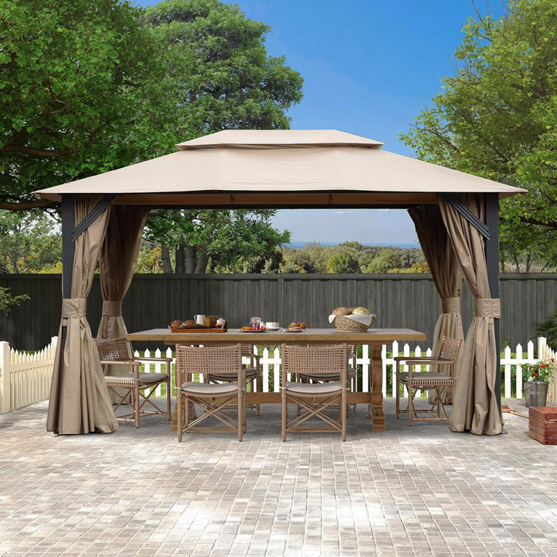 10X13FT Gazebo Metal, Mosquito Net For Outdoor Use With Double Roof (Brown), Beige, 117.36" H x 156.73" W x 103.31" D