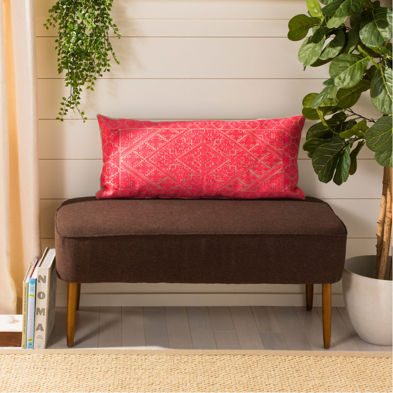 Beige and Red Embroidered Cotton Throw Pillow