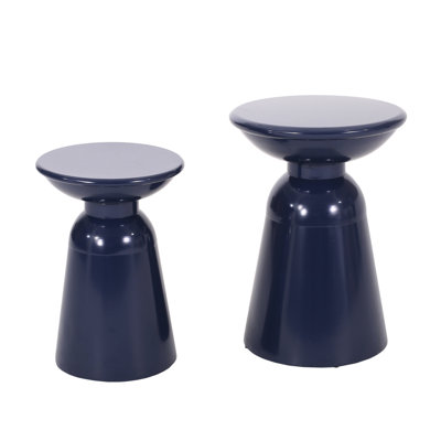 Modern Navy Blue Metal End Tables S/2, Powder-Coated Iron Frame, Design With Robust Pedestal Structure, 15"X15"X20.56" & 12"X12"X17.25", Assembly Required S/2 Table , Frame And Firm Construction,