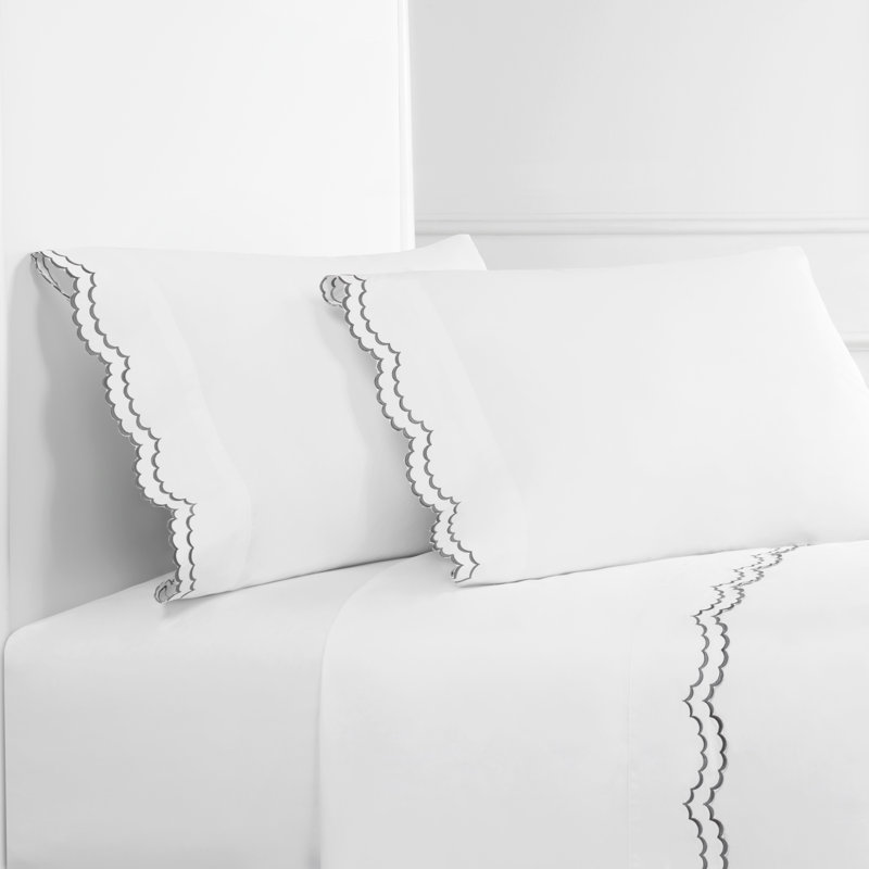 Arli Double Scalloped 300 Thread Count 100% Cotton Percale Sheet Set, Queen, White/ White