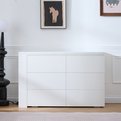 6 Drawer Vanity Dresser Combo with L-Shaped Desk,Wide Desktop & Deep Space,Wood Extendable Vanity Desk for Bedroom Dressing Room