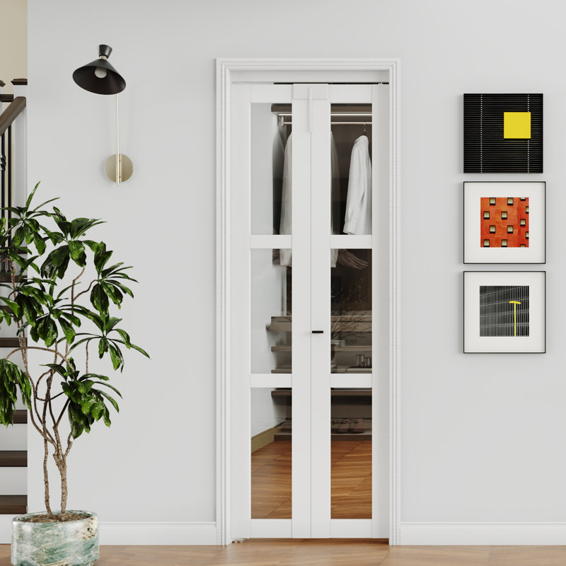 Porte pliante en verre - 3 verres transparents avec serrure de porte pliante et poignée en forme de T, 36 po x 80 po, 1