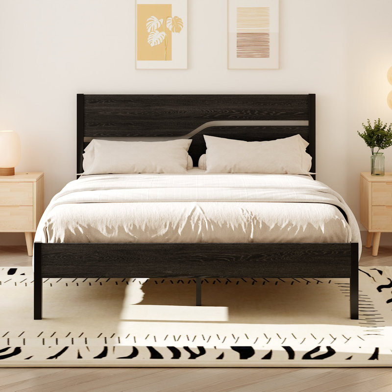 Kempst Queen Bed Frame with Wood Headboard and Footboard, Farmhouse Industrial Black Platform Bed with Under-Bed Storage, Mattress Foundation with Heavy Duty Slats Support, No Box Spring Needed, Noise Free, Easy Assembly