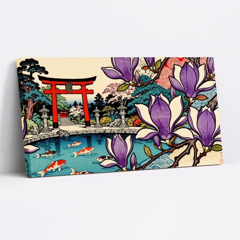 Ensemble de 1 tableau sur toile représentant un jardin japonais avec porte torii et carpes koï, H 12 po x l 36 po