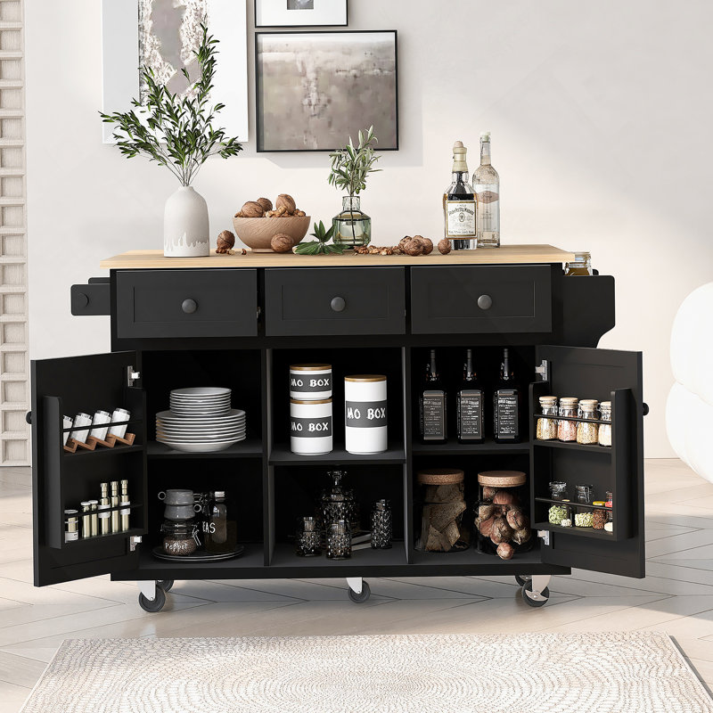 Chariot de cuisine avec comptoir à abattants en bois d'hévéa, supports de rangement internes pour porte d'armoire, Noir