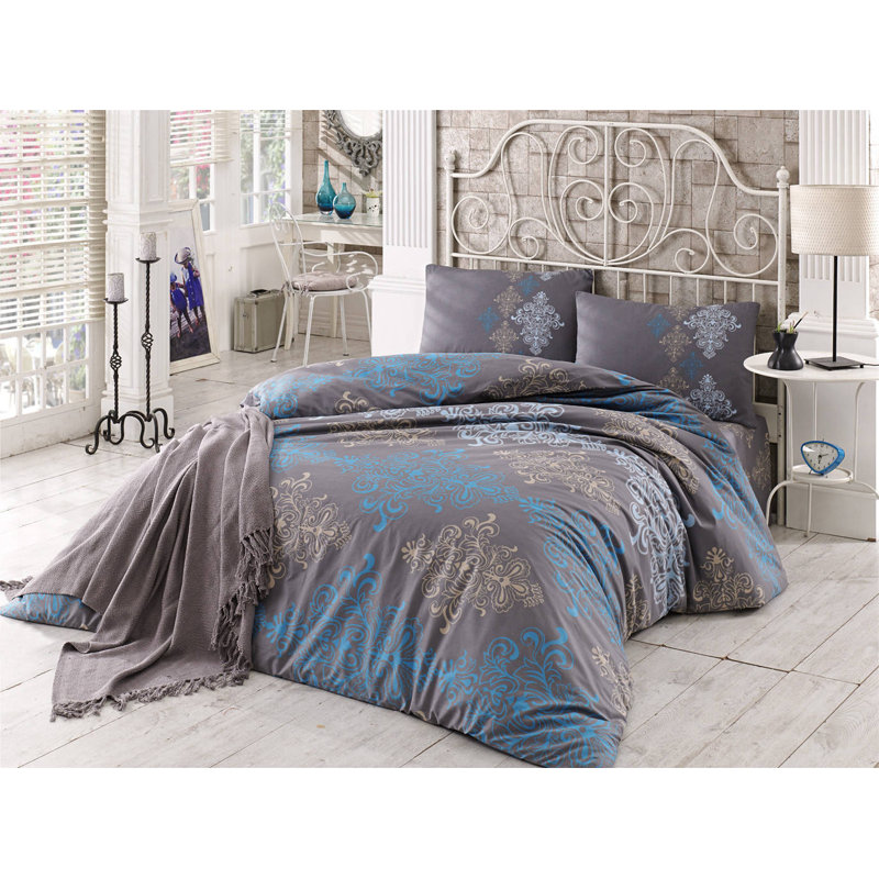 Ensemble de housse de couette 100% coton gris foncé / bleu Leamon, Housse de couette double + 2 taies d'oreiller stan