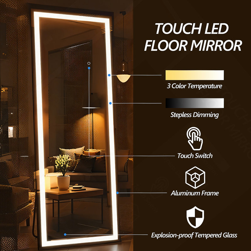 60X16 Inch Full Length Mirror With Lights, Full Body Dressing Standing, Hanging Mounted Mirror For Living Room Bedroom Cloakroom, Square Black